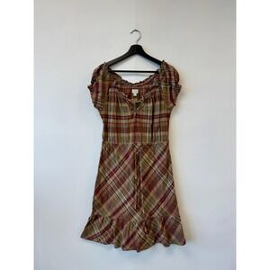 Vintage Converse One Star Dress Medium Brown Plaid Peasant Ruffle Hem Boho Y2K